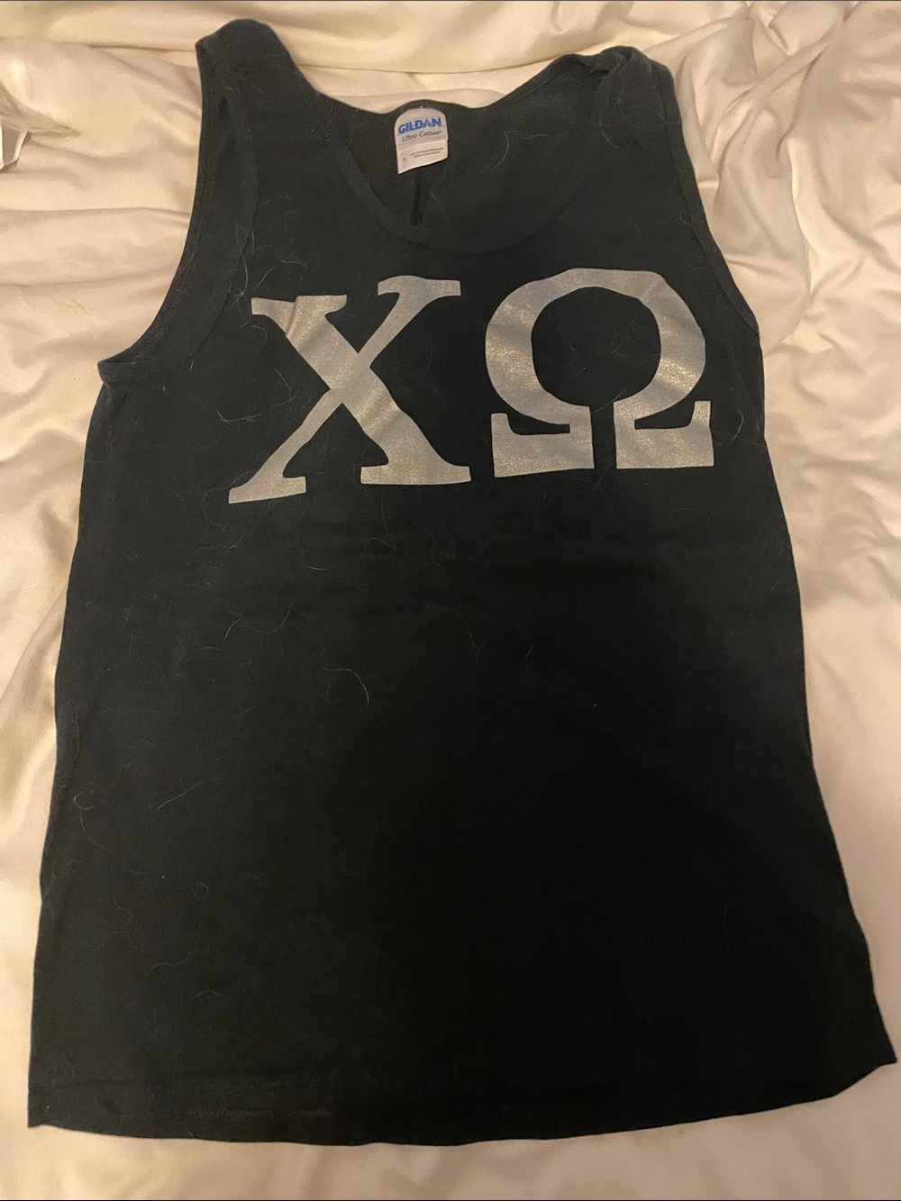 Gildan Black Tank Top with Silver Chi Omega Print